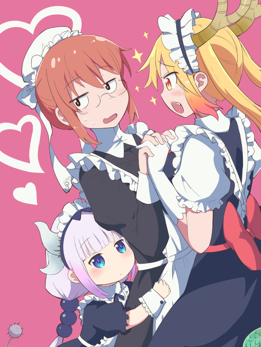 3girls apron bangs beads black_eyes blonde_hair blue_eyes blunt_bangs blush child dragon_girl dragon_horns dragon_tail dress glasses gloves hair_beads hair_ornament hairband hand_holding heart highres horns interlocked_fingers kanna_kamui kobayashi-san_chi_no_maidragon kobayashi_(maidragon) long_hair looking_at_another looking_at_viewer maid maid_apron maid_headdress monster_girl multiple_girls open_mouth pink_background red_eyes redhead short_hair short_sleeves silver_hair simple_background tail tentou_mushi tied_hair tooru_(maidragon) trio twintails white_apron white_gloves