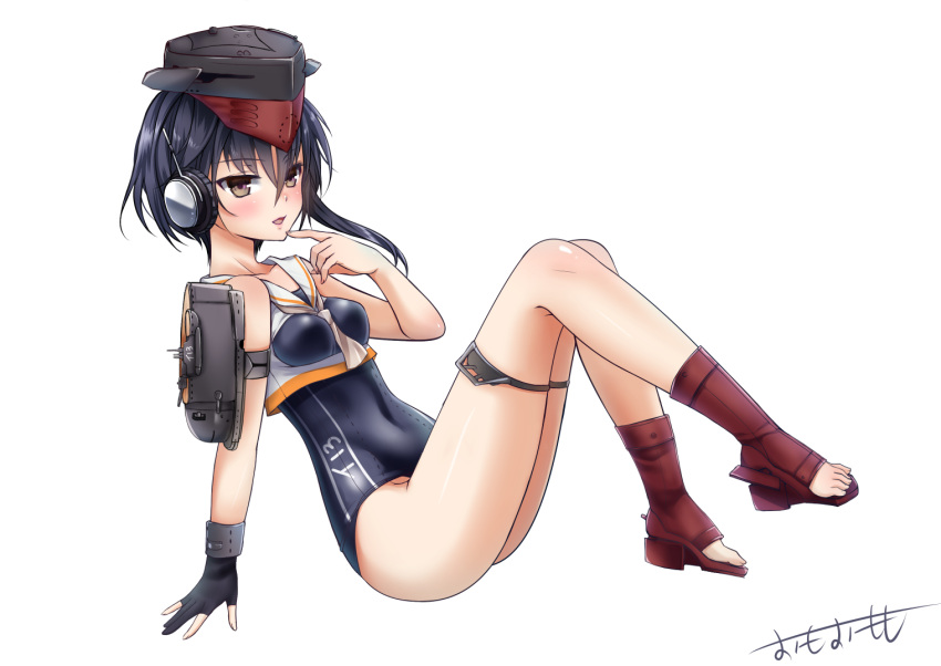 1girl :d ankle_boots artist_name bad_anatomy bangs bare_arms bare_legs bare_shoulders between_breasts black_gloves black_hair black_hat blush boots breasts brown_eyes cannon clothes_writing collarbone crop_top eyebrows_visible_through_hair finger_to_mouth full_body gloves hair_between_eyes hat i-13_(kantai_collection) kantai_collection looking_at_viewer machinery medium_breasts neckerchief no_socks omoomomo open_mouth open_toe_shoes partly_fingerless_gloves red_boots sailor_collar shirt shoes short_hair side_ponytail single_glove sleeveless smile solo thigh_strap turret white_background white_shirt
