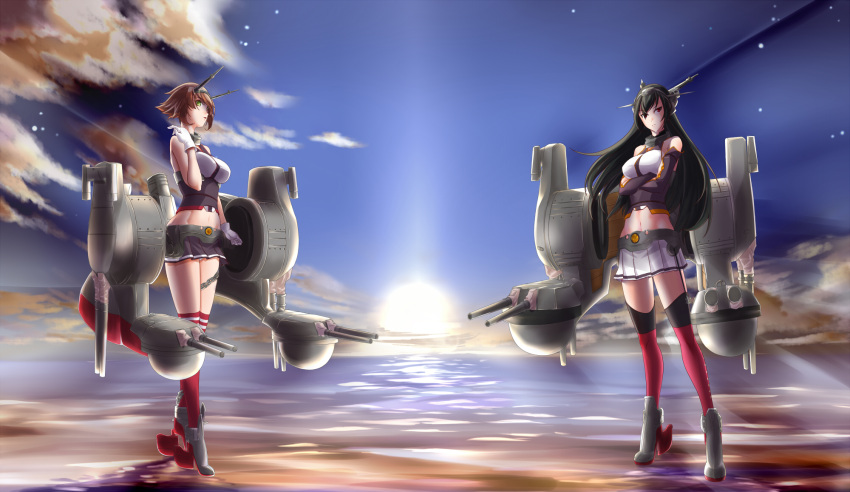 2girls abs bare_shoulders black_hair blue_sky brown_hair cannon chains clouds cloudy_sky collar crossed_arms footwear gloves green_eyes hairband headgear highres kantai_collection kiriki_haruomi light_rays long_hair midriff miniskirt multiple_girls mutsu_(kantai_collection) nagato_(kantai_collection) navel ocean outdoors pleated_skirt red_eyes rigging short_hair skirt sky sleeveless sun thigh-highs turret white_gloves