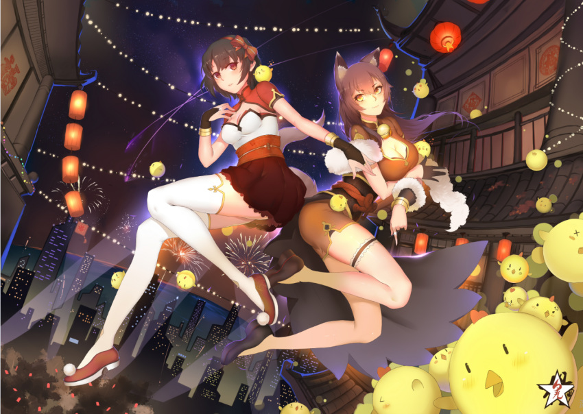 2girls animal animal_ears animal_on_shoulder bird bird_on_shoulder black_hair bracelet breasts chick china_dress chinese_clothes cityscape cleavage cleavage_cutout dress fireworks fox_ears fox_tail full_body fur jewelry lampion large_breasts looking_at_viewer medium_breasts multiple_girls night obi original red_eyes sash short_dress short_hair smile sunshine_(1638509769) tail thigh-highs white_legwear yellow_eyes
