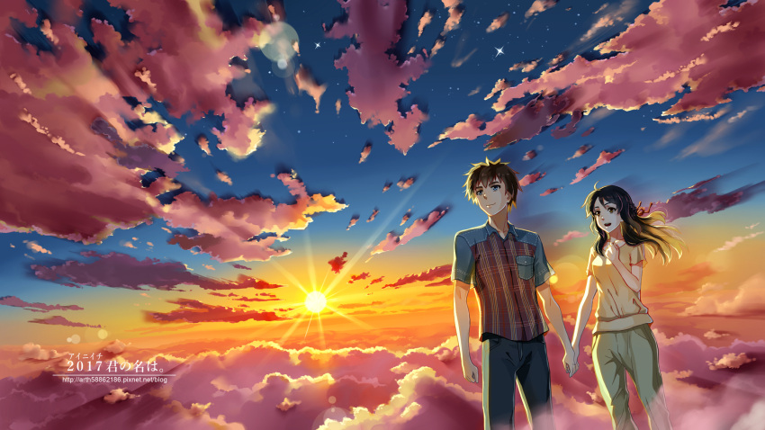 1boy 1girl 2017 alternate_costume black_hair blue_eyes braid brown_hair clouds cloudy_sky commentary_request diffraction_spikes french_braid ge_xi hair_ribbon hand_holding hand_on_own_chest highres kimi_no_na_wa lens_flare long_hair miyamizu_mitsuha older open_mouth red_ribbon ribbon sky smile tachibana_taki translation_request twilight