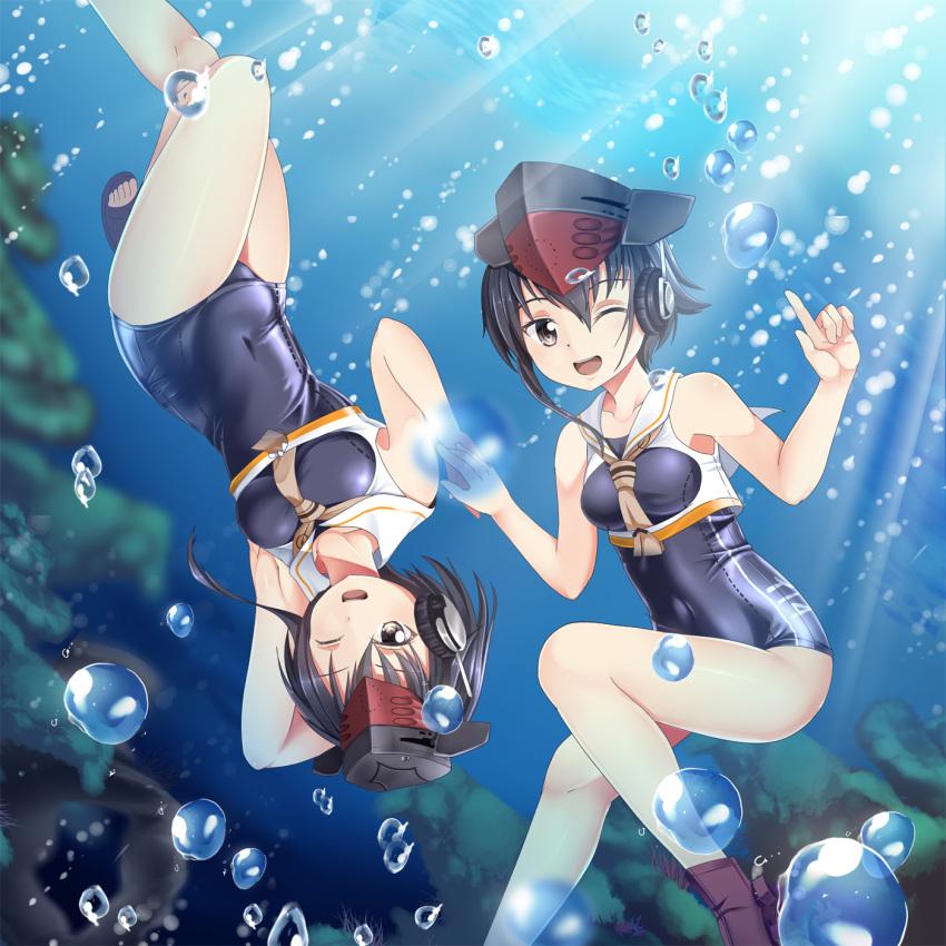 2girls ;d air_bubble ankle_boots arm_up armpits bare_arms bare_legs bare_shoulders black_hair black_hat blue_swimsuit blurry boots breasts brown_boots brown_eyes collarbone covered_navel crop_top day depth_of_field eyebrows_visible_through_hair full_body hair_between_eyes hat highres i-13_(kantai_collection) i-14_(kantai_collection) index_finger_raised kantai_collection light_rays looking_at_viewer medium_breasts multiple_girls no_socks one_eye_closed open_mouth open_toe_shoes outdoors sailor_collar shiny shiny_skin shoes skin_tight sleeveless smile sunbeam sunlight swimsuit underwater upside-down water yasume_yukito