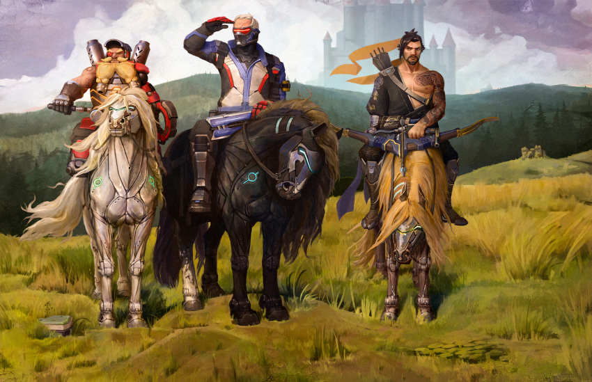 3boys absurdres arrow artist_request black_hair blonde_hair eyepatch face_mask fine_art_parody gloves hanzo_(overwatch) highres horse jacket japanese_clothes male_focus mask multiple_boys overwatch parody scar short_hair soldier:_76_(overwatch) torbjorn_(overwatch) visor weapon white_hair