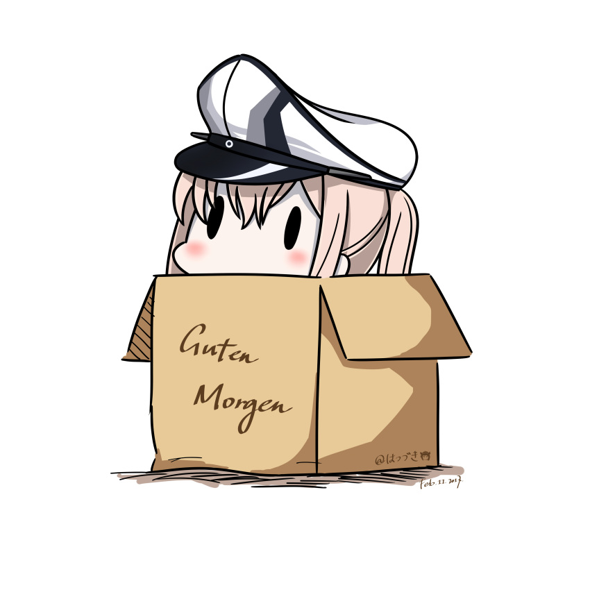 1girl 2017 absurdres blonde_hair blush box cardboard_box chibi dated german graf_zeppelin_(kantai_collection) hat hatsuzuki_527 highres in_box in_container kantai_collection pale_skin peaked_cap simple_background solid_oval_eyes solo translated twintails twitter_username white_background
