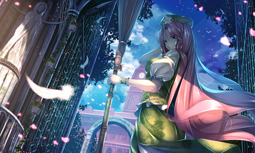 1girl bamboo_broom bird broom chinese_clothes clock clock_tower clouds cloudy_sky commentary feathers flower gate hat hong_meiling long_hair looking_at_viewer petals redhead revision ryosios scarlet_devil_mansion sky solo statue touhou tower tree very_long_hair