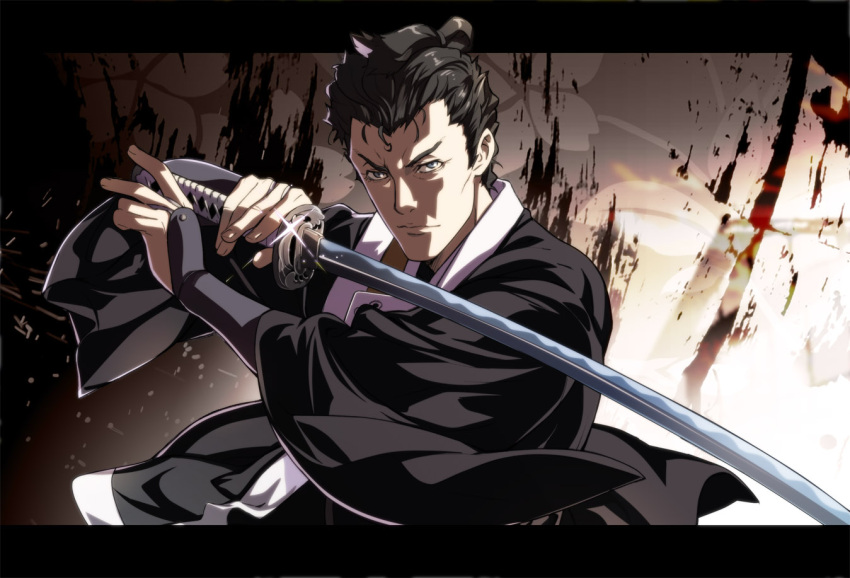 1boy black_hair hasegawa_heizou holding holding_weapon japanese_clothes katana letterboxed looking_at_viewer male_focus nyoronyoro official_style onihei solo sword weapon