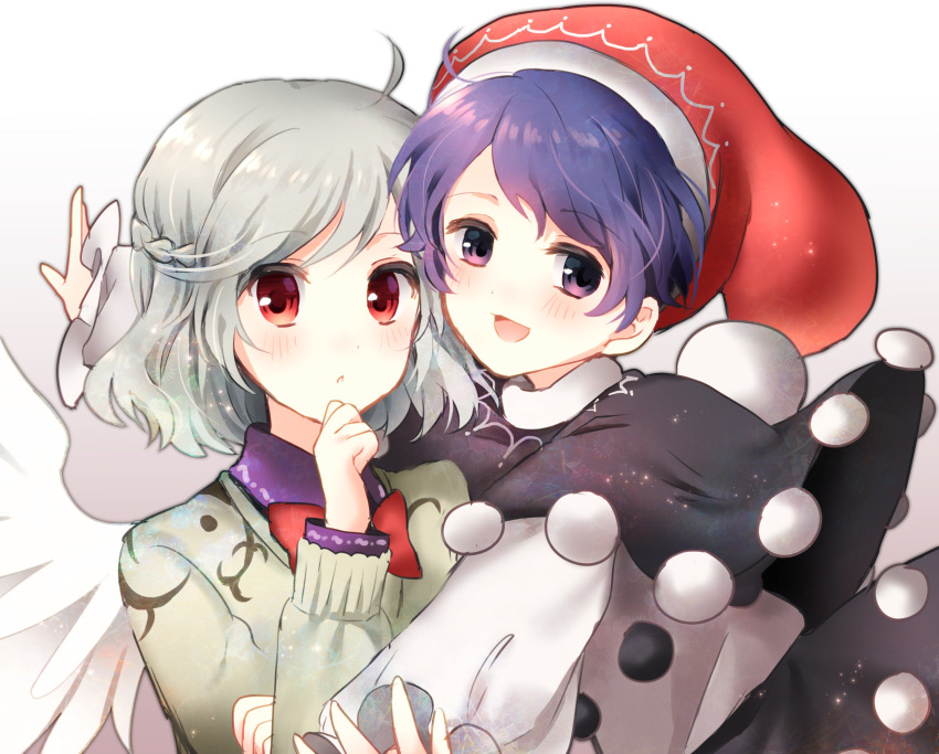 2girls ahoge blue_eyes blue_hair bow bowtie braid chin_hold doremy_sweet dress feathered_wings hat highres jacket kishin_sagume multiple_girls nightcap open_mouth pom_pom_(clothes) purple_dress red_eyes shimishimi15 short_hair silver_hair single_wing smile touhou white_wings wings