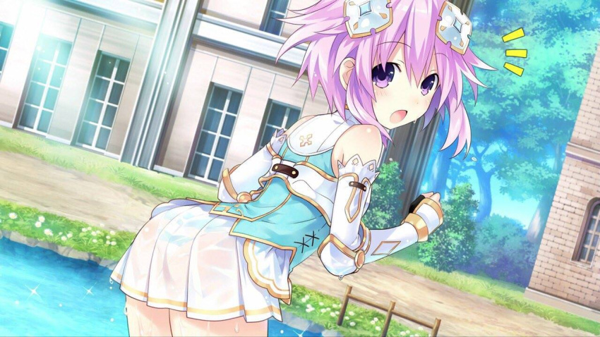 1girl ass choujigen_game_neptune four_goddesses_online:_cyber_dimension_neptune game_cg looking_at_viewer looking_back lossy-lossless miniskirt neptune_(choujigen_game_neptune) neptune_(series) official_art panties see-through short_hair solo striped striped_panties tsunako underwear water wet wet_clothes wet_panties
