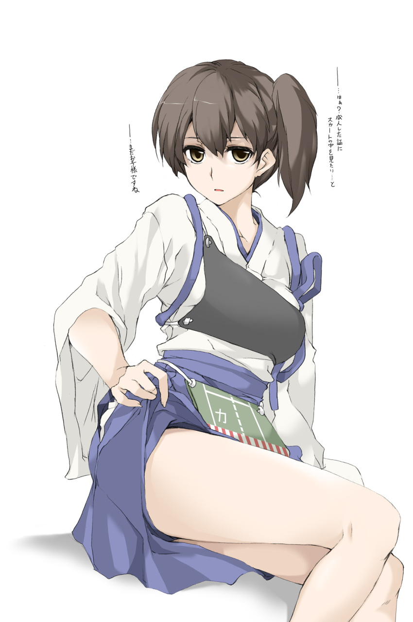 1girl bare_legs brown_eyes brown_hair elf_(stroll_in_the_woods) highres japanese_clothes kaga_(kantai_collection) kantai_collection long_hair muneate no_legwear side_ponytail skirt skirt_lift solo tasuki translation_request