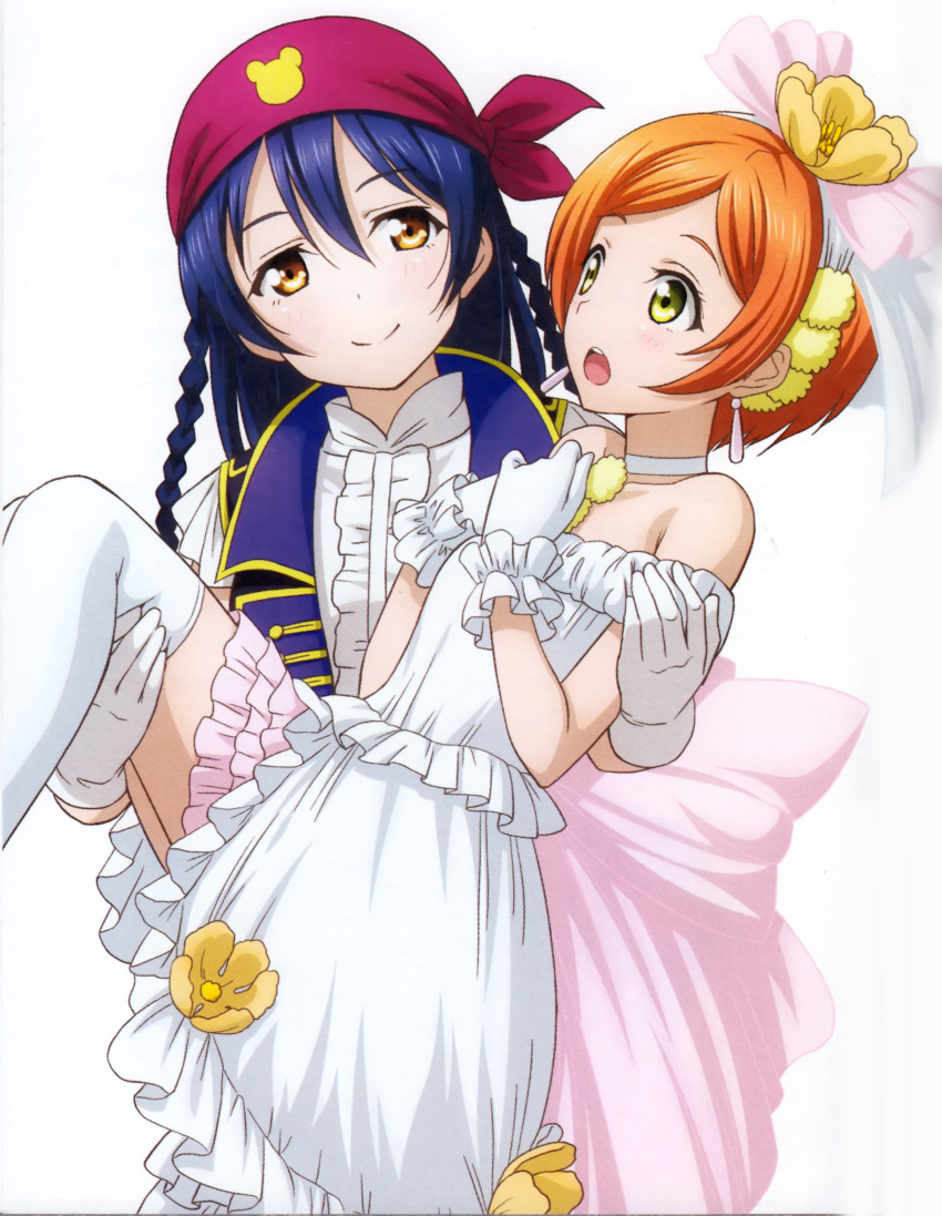 2girls absurdres blue_hair brown_eyes carrying dancing_stars_on_me! dress earrings eye_contact gloves green_eyes highres hoshizora_rin jewelry long_hair looking_at_another love_live! love_live!_school_idol_project love_wing_bell multiple_girls murota_yuuhei open_mouth orange_hair princess_carry short_hair simple_background smile sonoda_umi strapless strapless_dress thigh-highs wedding_dress white_background white_gloves white_legwear yuri