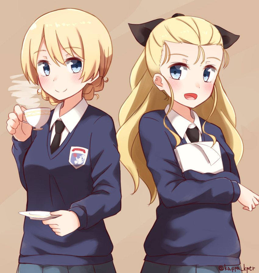 assam bangs black_necktie black_ribbon blonde_hair blue_eyes blue_skirt blue_sweater braid brown_background closed_mouth commentary_request crossed_arms cup darjeeling dress_shirt emblem girls_und_panzer hair_ribbon highres holding kapatarou long_hair long_sleeves looking_at_another necktie notepad open_mouth pleated_skirt ribbon saucer school_uniform shirt short_hair side-by-side simple_background skirt smile st._gloriana's_(emblem) standing steam sweater teacup tied_hair twin_braids twitter_username upper_body v-neck white_shirt yuri