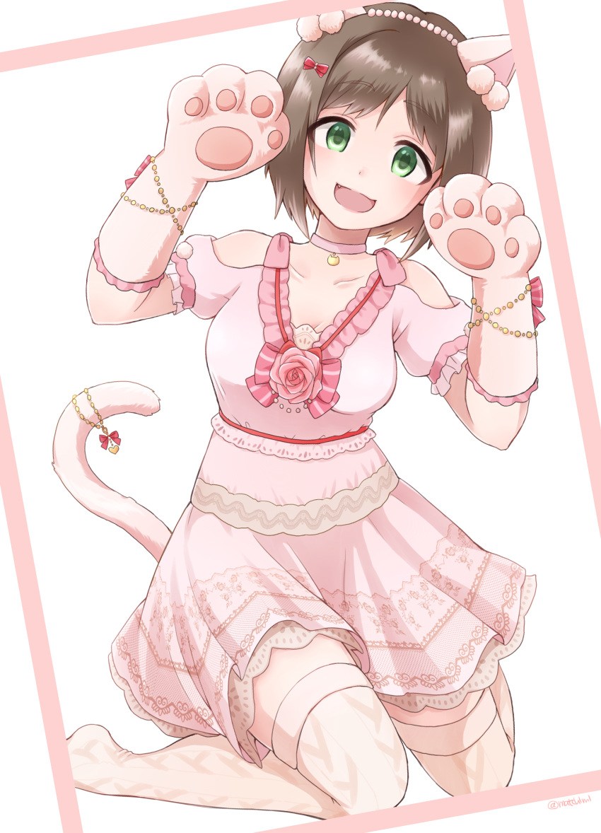 1girl :3 :d animal_ears arms_up bangs bare_shoulders beads bob_cut bow breasts brown_hair cat_ears cat_paws cat_tail choker cleavage collarbone dress eyebrows_visible_through_hair fake_animal_ears fang flower frame frilled_dress frilled_gloves frilled_sleeves frills full_body gloves green_eyes hair_beads hair_bow hair_ornament head_tilt highres idolmaster idolmaster_cinderella_girls idolmaster_cinderella_girls_starlight_stage jewelry juliet_sleeves kemonomimi_mode kneeling lace lace-trimmed_dress layered_dress long_sleeves looking_at_viewer maekawa_miku medium_breasts nishimura_(mosh!) no_shoes open_mouth over-kneehighs parted_bangs paw_gloves paw_pose paws pendant pink_bow pink_choker pink_gloves pink_legwear pink_rose pom_pom_(clothes) pose puffy_sleeves raised_eyebrows red_bow rose simple_background smile solo striped striped_bow tail tareme thigh-highs white_background