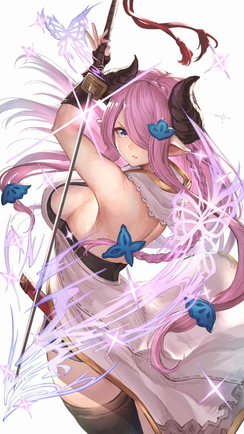 1girl absurdres bangs braid breasts commentary_request demon_horns draph fingerless_gloves gloves granblue_fantasy hair_ornament hair_over_one_eye highres holding holding_sword holding_weapon horns ikusaneko katana large_breasts lavender_hair long_hair looking_at_viewer low_tied_hair narmaya_(granblue_fantasy) parted_lips pointy_ears sheath side_slit sideboob single_braid sleeveless swept_bangs sword thigh-highs thighs weapon