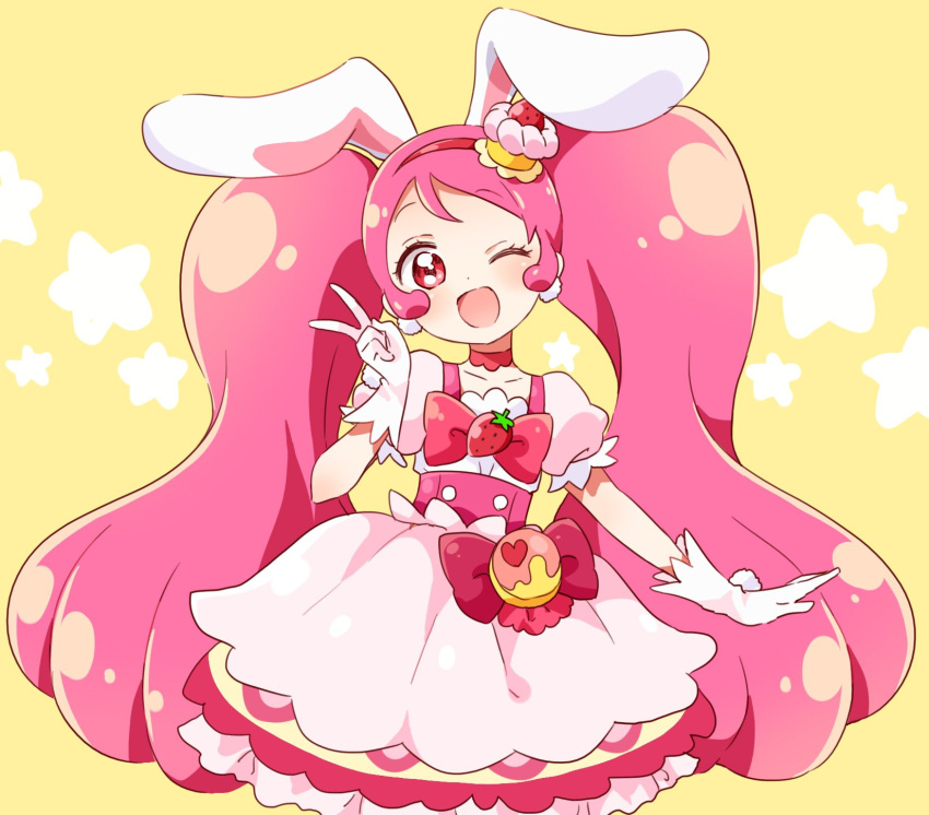 1girl ;d animal_ears buttons choker collarbone cowboy_shot cupcake cure_whip dress extra_ears eyebrows_visible_through_hair eyelashes food frilled_dress frills fruit gloves hair_ornament hairband highres kirakira_precure_a_la_mode long_hair looking_at_viewer magical_girl namori one_eye_closed open_mouth pink_eyes pink_hair pom_pom_(clothes) precure puffy_short_sleeves puffy_sleeves rabbit_ears short_sleeves smile solo star strawberry tareme twintails usami_ichika v very_long_hair white_gloves yellow_background