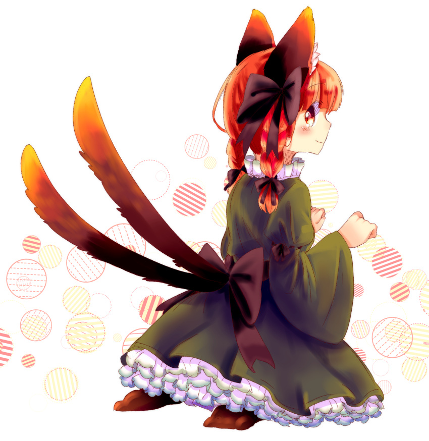 1girl _mtmtr_ animal_ears braid cat_ears cat_tail dress green_dress highres juliet_sleeves kaenbyou_rin long_sleeves multiple_tails paw_pose petticoat puffy_sleeves red_eyes redhead sitting tail touhou twin_braids two_tails wariza wide_sleeves