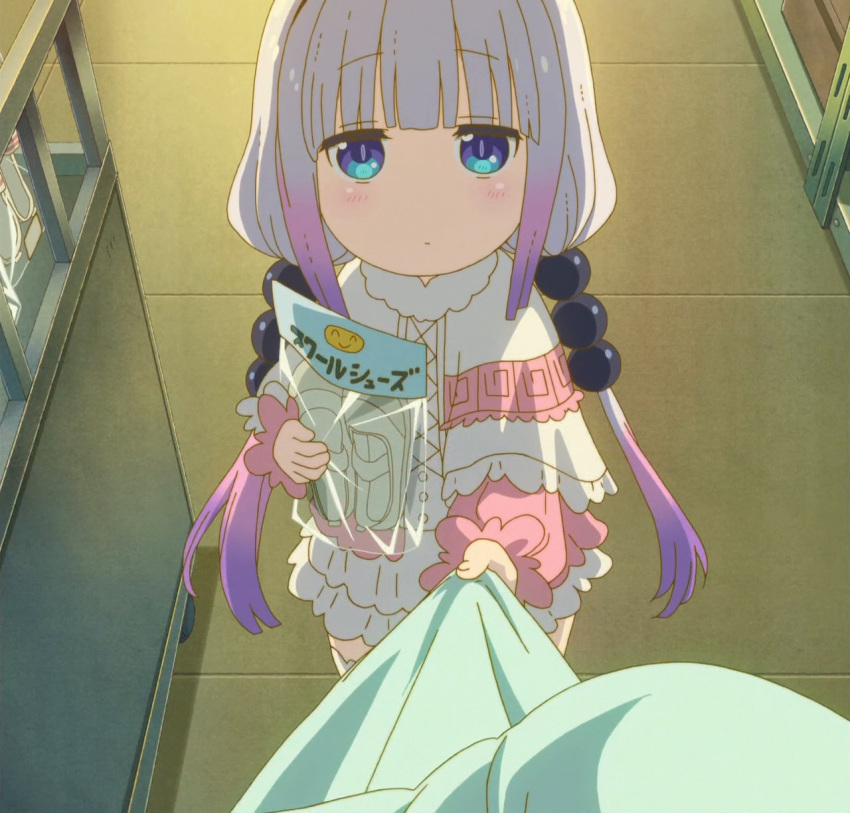 beads blue_eyes dragon_girl dress expressionless frilled_dress frills gradient_hair hair_beads hair_ornament highres holding_shirt interacting_with_viewer kanna_kamui kobayashi-san_chi_no_maidragon looking_at_viewer multicolored_hair screencap shoes shop stitched twintails uwabaki