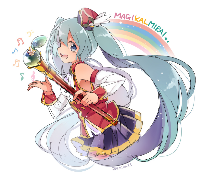 1girl absurdres aqua_eyes detached_sleeves hatsune_miku highres long_hair magical_mirai_(vocaloid) musical_note necktie open_mouth rainbow rod skirt tagme twintails umiko_(munemiu) vocaloid