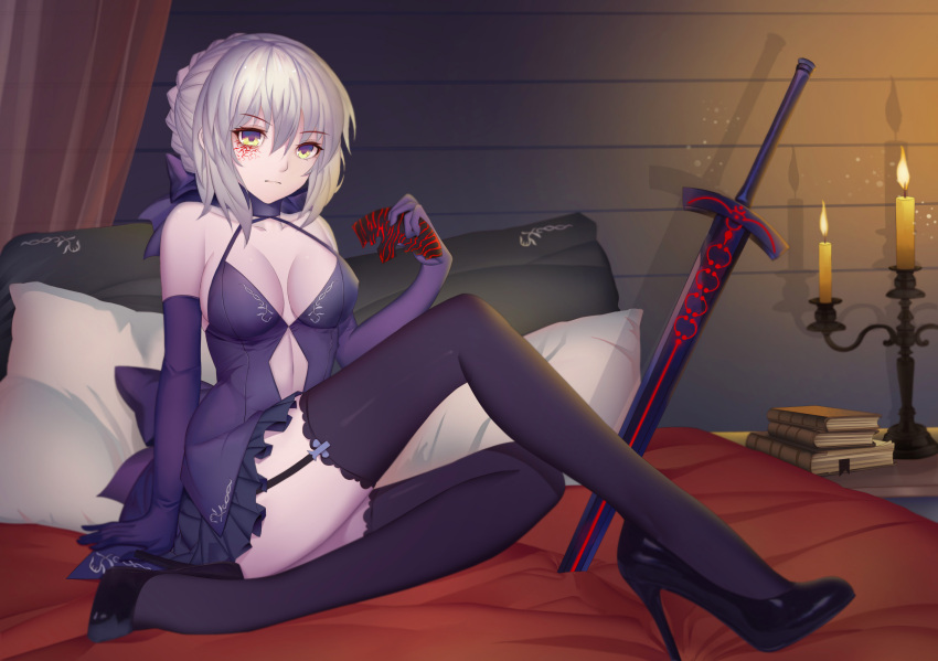 1girl bare_shoulders black_hair blonde_hair book breasts candelabra cleavage dark_excalibur dress elbow_gloves fate/stay_night fate_(series) garter_straps gloves headboard headphones_removed high_heels highres magician_(china) medium_breasts no_bra on_bed saber saber_alter solo stiletto_heels sword tattoo thigh-highs weapon