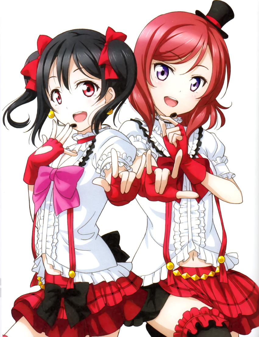2girls :d absurdres black_bow black_hair bokura_wa_ima_no_naka_de bow fingerless_gloves gloves hair_bow hat headset highres long_hair looking_at_viewer love_live! love_live!_school_idol_project microphone midriff mini_hat multiple_girls murota_yuuhei navel nishikino_maki open_mouth red_bow red_eyes red_gloves red_skirt redhead shirt simple_background skirt smile twintails violet_eyes white_background white_shirt yazawa_nico