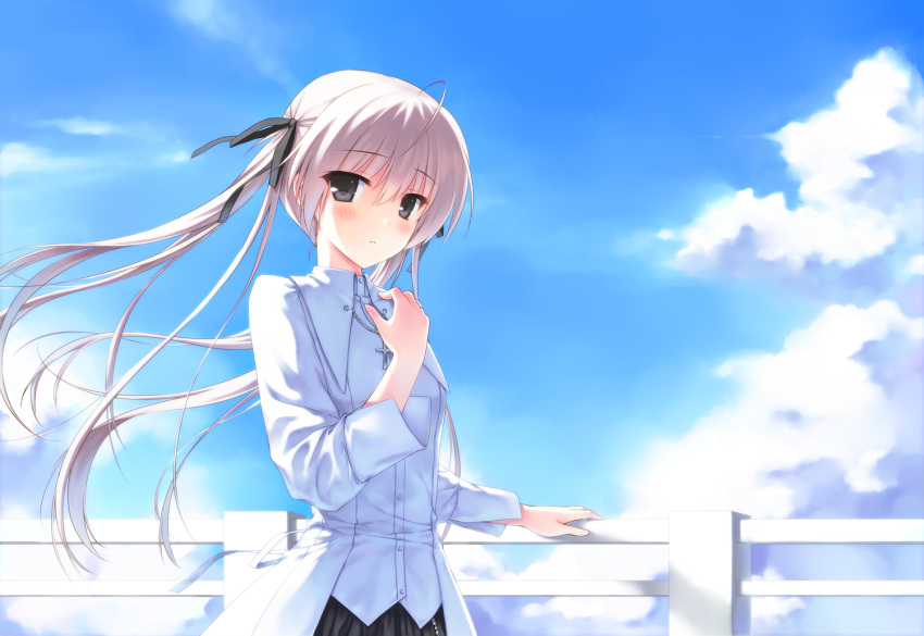 1girl ahoge black_ribbon black_skirt blue_sky blush buttons clouds cowboy_shot cross cross_necklace day downscaled expressionless hair_ribbon hand_on_own_chest hiten_goane_ryu jewelry kasugano_sora long_hair long_sleeves looking_at_viewer md5_mismatch necklace railing resized ribbon silver_hair skirt sky solo twintails yosuga_no_sora