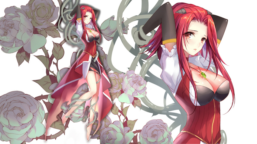 1girl arms_up barefoot black_gloves blush bound bound_wrists breasts brown_eyes cleavage dress elbow_gloves flower from_side full_body gekka_nanako gloves izayoi_aki jewelry large_breasts long_hair looking_at_viewer looking_to_the_side pendant plant puffy_short_sleeves puffy_sleeves redhead restrained rose short_sleeves solo vines white_rose yu-gi-oh! yuu-gi-ou_5d's zoom_layer
