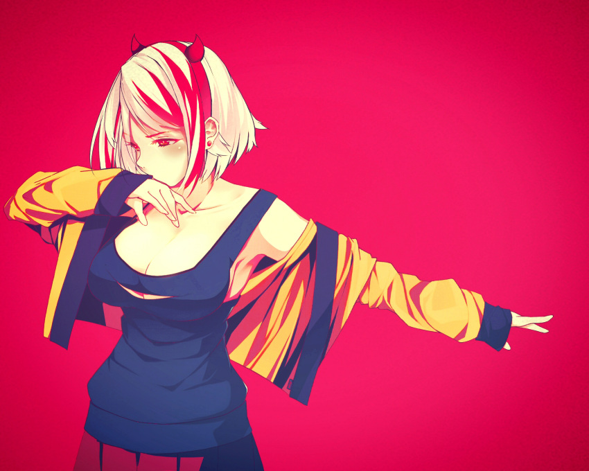 1girl bangs blonde_hair bonkiru breasts cardigan cleavage clothes_pull collarbone covered_mouth dab_(dance) demon_horns earrings fake_horns gradient gradient_background hairband highlights highres horns jewelry large_breasts looking_to_the_side multicolored_hair open_cardigan open_clothes original pleated_skirt red_background red_eyes red_skirt redhead short_hair skirt solo stud_earrings sweater sweater_pull tank_top two-tone_hair upper_body