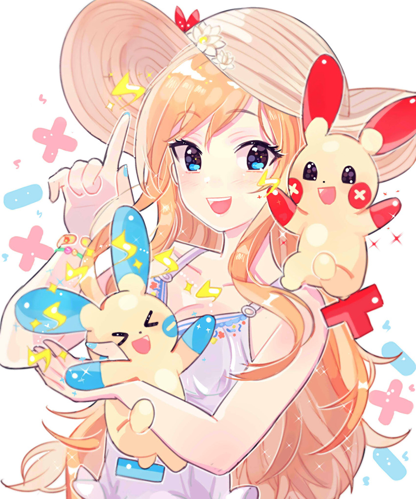1girl bangs bare_shoulders blonde_hair blue_eyes breasts closed_eyes creature crossover dress happy hat held_up highres idolmaster idolmaster_cinderella_girls idolmaster_cinderella_girls_starlight_stage index_finger_raised long_hair looking_at_viewer medium_breasts minun ootsuki_yui plusle pokemon_(creature) smile sun_hat sundress tomato_omurice_melon white_dress xd
