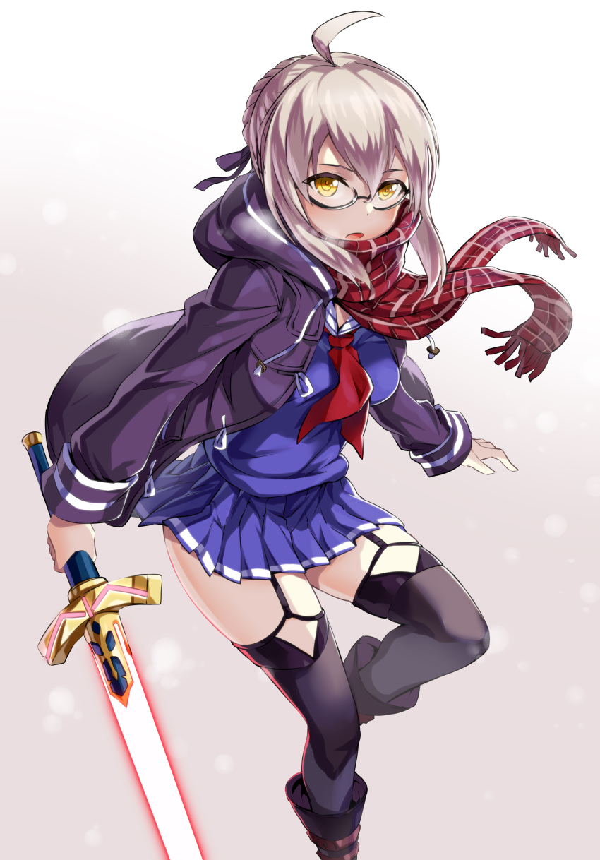 1girl :o absurdres ahoge black-framed_eyewear black_legwear black_ribbon blonde_hair blue_skirt boots braid breasts checkered_scarf coat duffel_coat excalibur eyebrows_visible_through_hair fate/grand_order fate_(series) fringe garter_straps glasses hair_ribbon heroine_x heroine_x_(alter) highres holding holding_sword holding_weapon kurobuchi_numama looking_at_viewer medium_breasts open_clothes open_coat open_mouth pleated_skirt red_neckerchief red_scarf ribbon saber scarf school_uniform semi-rimless_glasses serafuku short_hair_with_long_locks skirt solo sword thigh-highs under-rim_glasses weapon yellow_eyes