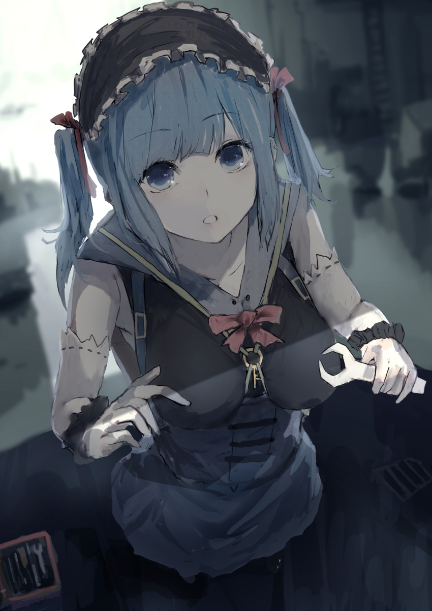 1girl :o absurdres bangs black_skirt blue_eyes blue_hair blurry bonnet breasts depth_of_field elbow_gloves eyebrows_visible_through_hair frills gloves hair_ribbon hairband high-waist_skirt highres holding kawashiro_nitori kumamoto_nomii-kun large_breasts lolita_hairband long_hair looking_at_viewer open_mouth red_ribbon ribbon sailor_collar skirt solo suspender_skirt suspenders toolbox touhou twintails underbust white_gloves wrench