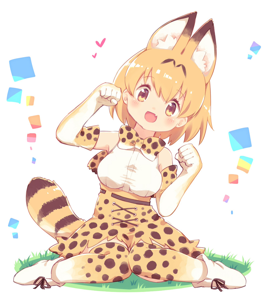 1girl :d animal_ears ankle_boots ayakashi_(monkeypanch) bangs belt black_ribbon blonde_hair blush boots bow bowtie breasts cat_ears cat_tail cross-laced_clothes dress elbow_gloves eyebrows_visible_through_hair fang full_body gloves grass heart high-waist_skirt highres kemono_friends looking_at_viewer miniskirt open_mouth paw_pose print_bow print_dress print_legwear ribbon serval_(kemono_friends) shiny shiny_hair shirt short_hair skirt sleeveless smile solo tail thigh-highs white_background white_boots white_shirt yellow_bow yellow_bowtie yellow_eyes yellow_legwear yellow_skirt