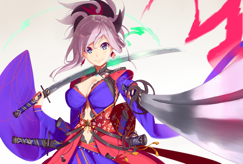 1girl asymmetrical_hair blue_eyes blurry breasts cleavage depth_of_field earrings fate/grand_order fate_(series) hair_ornament highres japanese_clothes jewelry katana kimono large_breasts long_hair long_sleeves looking_at_viewer magatama miyamoto_musashi_(fate/grand_order) navel over_shoulder perspective pink_hair pointing_sword poligon_(046) ponytail sheath sheathed simple_background smile solo sword sword_over_shoulder unsheathed weapon weapon_over_shoulder