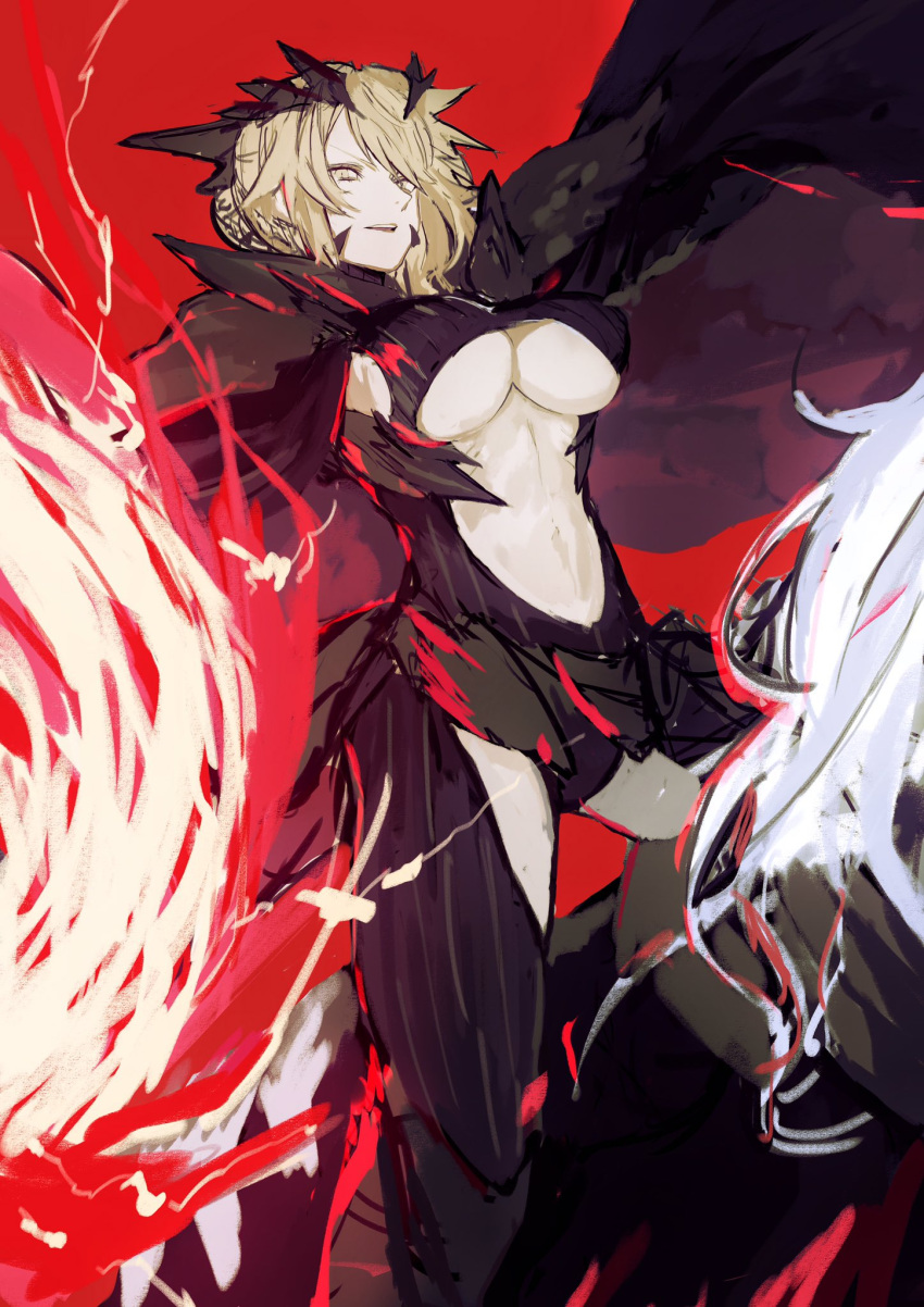 1girl armor artoria_pendragon_alter_(fate/grand_order) bangs black_leotard blonde_hair breasts center_opening cleavage fate/grand_order fate_(series) highres horse horseback_riding kouzuki_kei large_breasts leotard looking_at_viewer parted_lips pauldrons red_background riding saber saber_alter solo teeth under_boob yellow_eyes