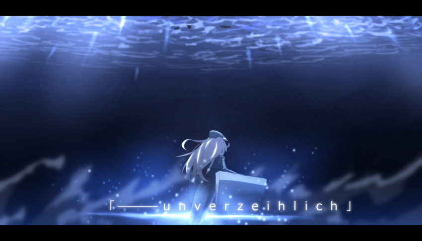 1girl demitas german grey_hair kantai_collection letterboxed light_rays long_hair solo standing u-511_(kantai_collection) underwater water_surface