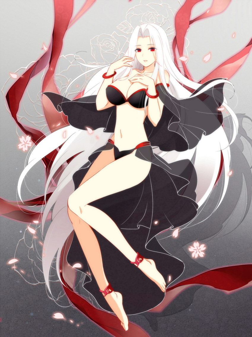 1girl anklet bare_legs bare_shoulders barefoot bikini black_bikini bracelet breasts capelet cleavage collarbone fate/zero fate_(series) full_body gekka_nanako groin hair_intakes highres irisviel_von_einzbern jewelry large_breasts long_hair looking_at_viewer navel parted_lips red_eyes sarong solo swimsuit very_long_hair white_hair