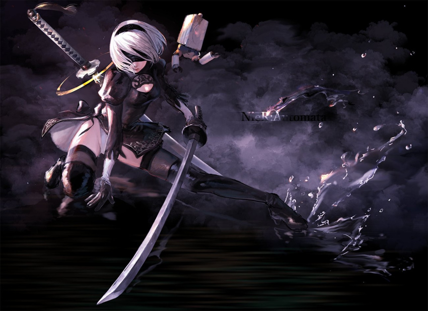 1girl black_dress black_gloves black_legwear blindfold breasts cleavage copyright_name dress gloves groin hairband high_heels holding holding_sword holding_weapon katana lalil-le nier_(series) nier_automata pod_(nier_automata) short_hair squatting sword thigh-highs water weapon yorha_no._2_type_b