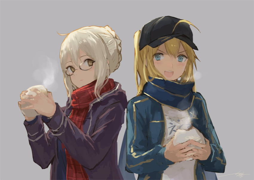 &gt;:d 2girls :d ahoge bangs baozi baseball_cap blonde_hair blue_eyes blue_scarf braid brown_eyes checkered_scarf coat fate/grand_order fate_(series) food grey_background hair_between_eyes hat heroine_x heroine_x_(alter) highres holding holding_food jacket kouzuki_kei long_hair looking_at_another looking_at_viewer multiple_girls name_tag open_mouth red_scarf saber scarf side-by-side simple_background smile teeth track_jacket upper_body