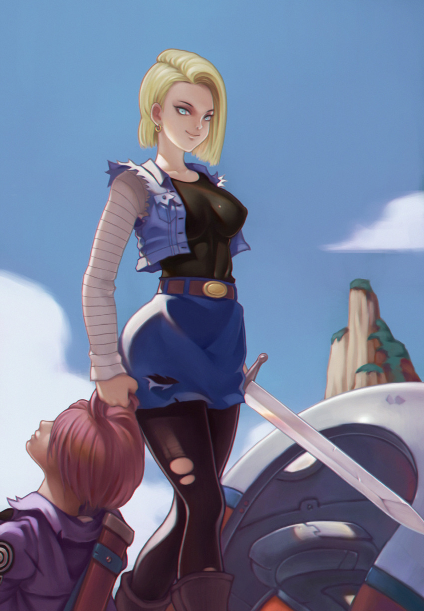 1boy 1girl android_18 belt blonde_hair blue_eyes breasts cropped_jacket day dragon_ball dragon_ball_z earrings erect_nipples hair_grab highres jacket jewelry jey_rain large_breasts pantyhose purple_hair scabbard sheath short_hair smile sword torn_clothes torn_pantyhose trunks_(dragon_ball) trunks_(future)_(dragon_ball) weapon