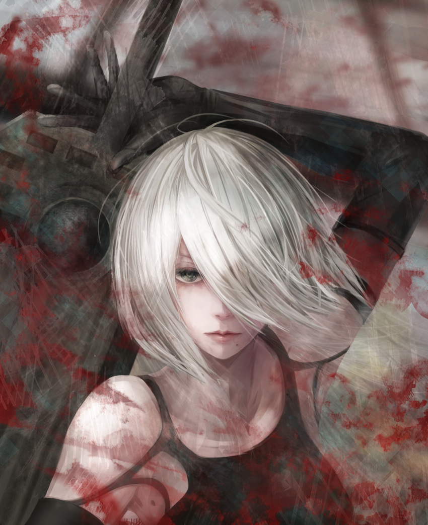 1girl black_gloves blood blood_splatter closed_mouth elbow_gloves expressionless gloves grey_eyes hair_over_one_eye highres holding holding_sword holding_weapon looking_at_viewer nier_(series) nier_automata short_hair silver_hair solo sword upper_body weapon yamamoto_no_ari yorha_no._2_type_b