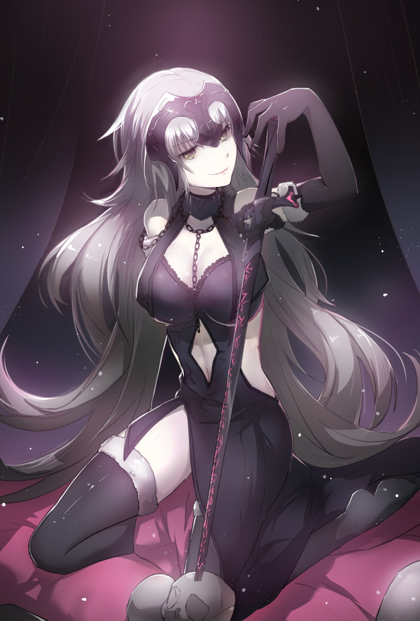 bare_shoulders barefoot chains collar elbow_gloves fate/grand_order fate_(series) fur_trim gloves highres jeanne_alter long_hair navel ruler_(fate/apocrypha) ruler_(fate/grand_order) silver_hair skull smirk sword tebd_menkin thigh-highs weapon yellow_eyes