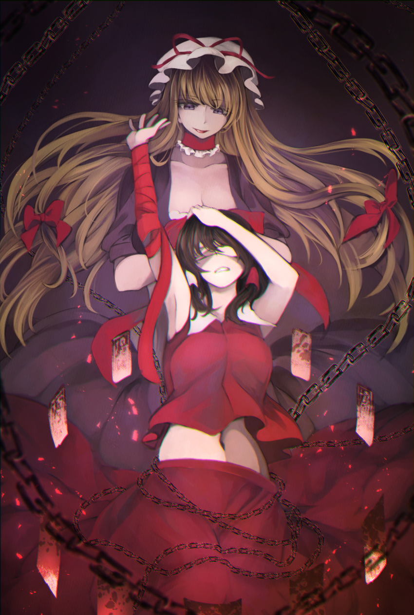 2girls arm_up armpits bandaged_arm bangs behind_another blonde_hair blurry bow breasts brown_hair chains cleavage clenched_teeth commentary_request corset covering_eyes cowboy_shot depth_of_field floating floating_hair hair_bow hair_ribbon hair_tubes hakurei_reimu hand_on_another's_head hand_on_own_head hat hat_ribbon height_difference highres hips large_breasts lips lipstick long_hair looking_at_another looking_down makeup medium_breasts midriff mob_cap multiple_girls navel purple_background reaching red_lipstick red_shirt red_skirt ribbon shiny shiny_hair shirt short_hair short_sleeves simple_background skirt skirt_lift stomach talismans teeth touhou very_long_hair violet_eyes yakumo_yukari yurinotubomi