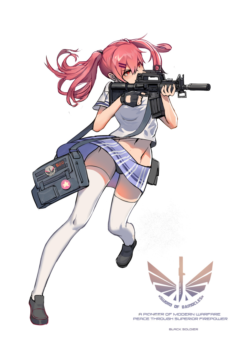 1girl absurdres aiming artist_name assault_rifle bangs battle_rifle black_gloves black_panties black_shoes black_soldier english finger_on_trigger full_body gloves groin gun hair_ornament hair_tie hairclip highres holding holding_gun holding_weapon legs_apart long_hair miniskirt navel original panties pantyshot pantyshot_(standing) pink_hair red_eyes rifle school_uniform scope serious shoes short_sleeves sidelocks simple_background skirt solo standing standing_on_one_leg thigh-highs twintails underwear upskirt weapon white_background white_legwear wind wind_lift