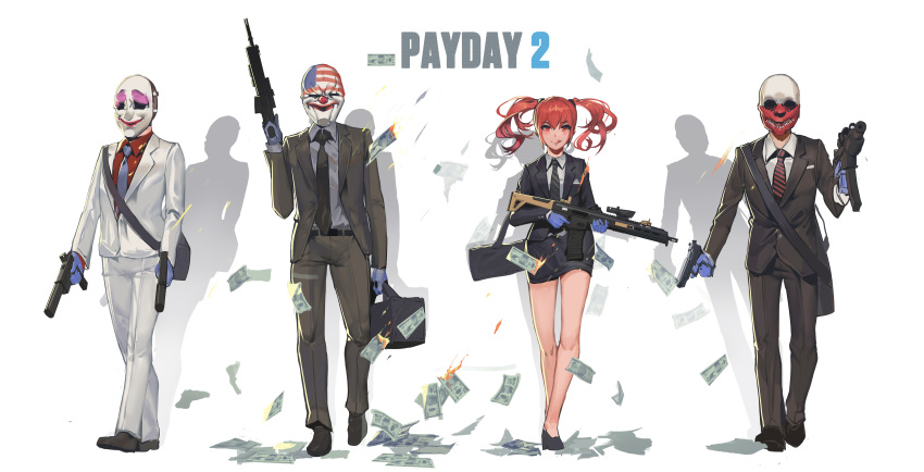 1girl 3boys ;q absurdres american_flag american_flag_print assault_rifle bag belt black_jacket black_pants black_shoes black_skirt black_soldier blue_necktie breasts brown_jacket brown_pants chains_(payday) closed_mouth clown_mask collared_shirt commentary copyright_name dallas_(payday) dress_shirt dual_wielding eyebrows_visible_through_hair finger_on_trigger fire flag_print formal grey_shirt gun hair_between_eyes hair_ornament hair_tie hand_up handgun high_heels highres jacket long_hair long_sleeves looking_at_viewer mask miniskirt money multiple_boys neckerchief necktie one_eye_closed open_clothes open_jacket original pants payday_(series) payday_2 pink_hair pistol pocket red_eyes red_shirt rifle scope shirt shoes shoulder_bag simple_background skirt smile standing striped striped_necktie submachine_gun suit suppressor tongue tongue_out twintails vertical_foregrip walking weapon white_background white_jacket white_pants white_shirt wing_collar wolf_(payday)