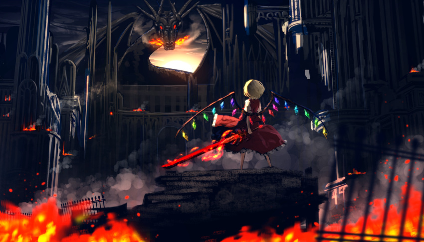 1girl blonde_hair breathing_fire castle dragon fence fire flandre_scarlet from_behind highres ryosios short_hair smoke standing sword touhou weapon wings