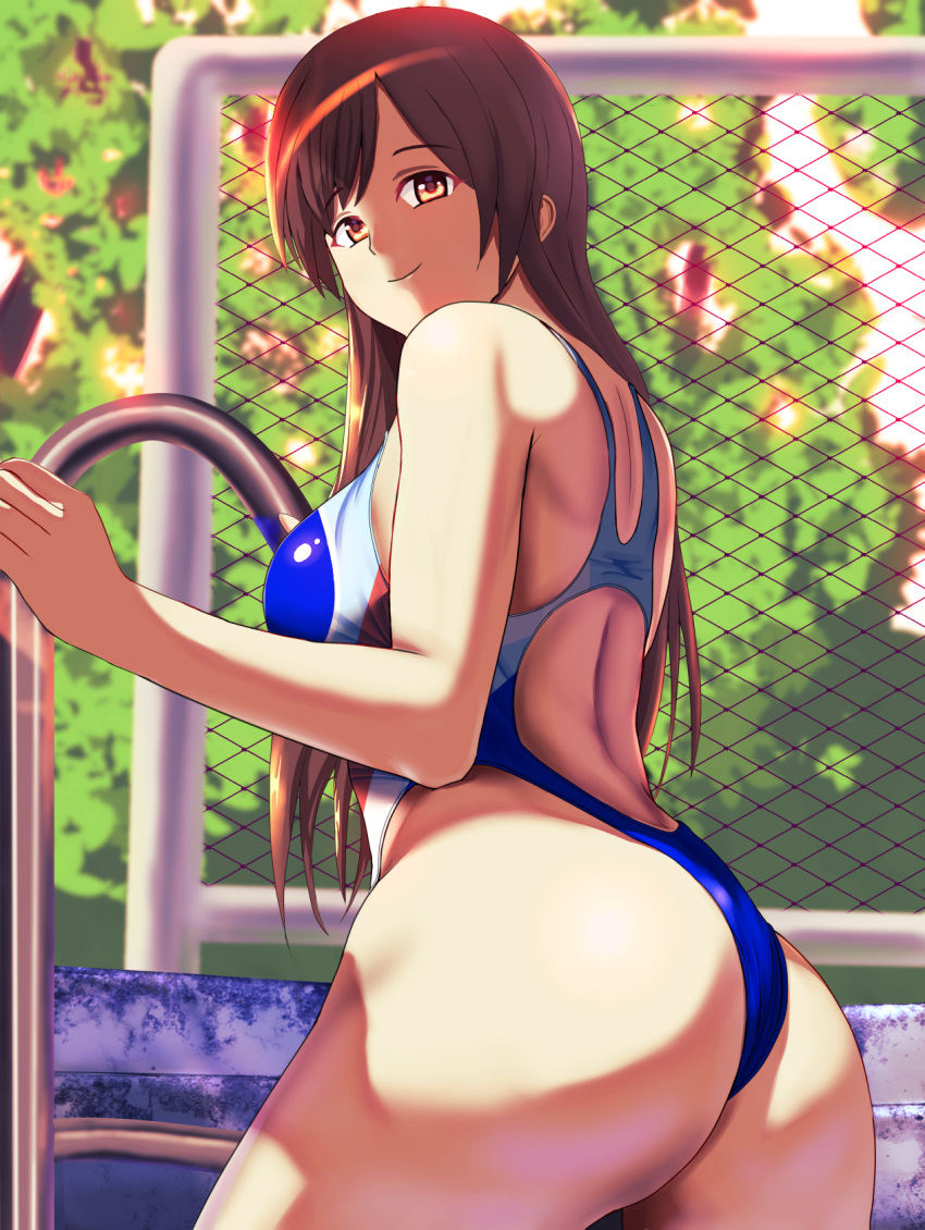 1girl araimooah ass bangs bare_arms bare_shoulders blurry blush breasts brown_eyes brown_hair competition_swimsuit cowboy_shot depth_of_field from_behind highres idolmaster idolmaster_cinderella_girls idolmaster_cinderella_girls_starlight_stage long_hair looking_at_viewer looking_back medium_breasts nitta_minami one-piece_swimsuit pool_ladder smile solo swimsuit