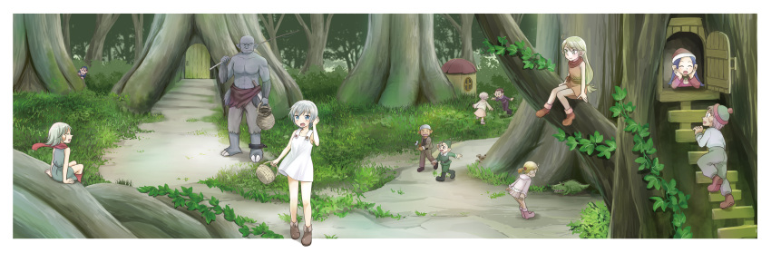 6+boys 6+girls absurdres alligator basket blonde_hair blue_eyes blue_hair boots crocodilian cuffs dress fantasy fishing_rod grass hat hatchet highres katri_(unwilling_orc) kolmio lina_kontiola long_hair low-tied_long_hair multiple_boys multiple_girls orc original plant pleated_skirt pointy_ears scarf shimazaki_mujirushi short_hair silver_hair skirt topless tree valtava vines