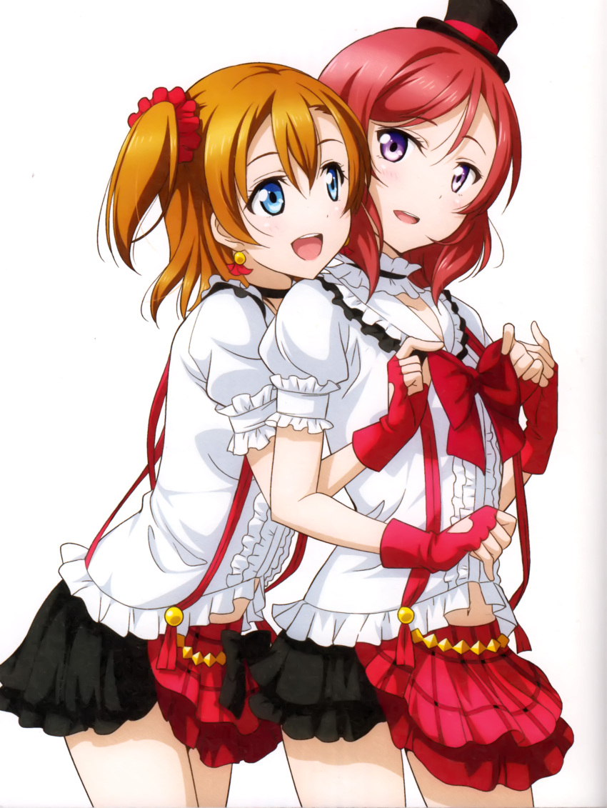 2girls absurdres blue_eyes bokura_wa_ima_no_naka_de bow brown_hair earrings fingerless_gloves gloves hair_ornament hat heart_cutout highres hug hug_from_behind jewelry kousaka_honoka love_live! love_live!_school_idol_project mini_hat multiple_girls murota_yuuhei navel nishikino_maki one_side_up open_mouth red_bow red_gloves redhead short_hair simple_background skirt violet_eyes white_background