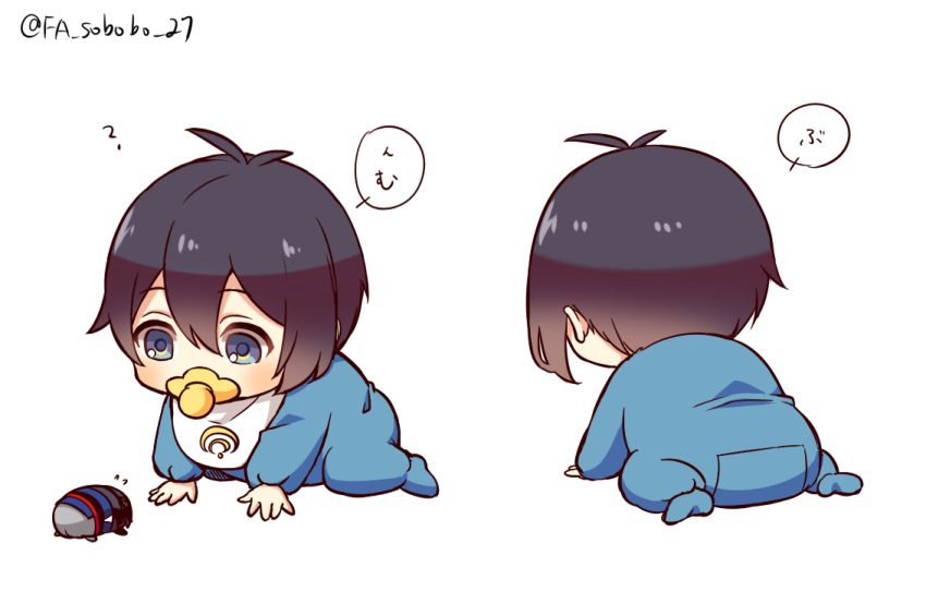 1boy baby bib black_hair blue_eyes furofuki_daikon male_focus mikazuki_munechika mochimochi_mascot onesie pacifier sitting touken_ranbu twitter_username wariza younger