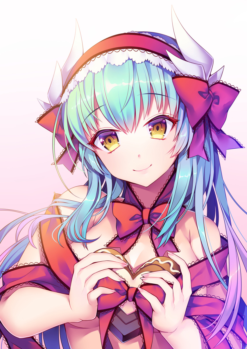 1girl absurdres arms_at_sides bangs bonnet breasts chocolate chocolate_heart closed_mouth dragon_girl dragon_horns eyebrows_visible_through_hair fate/grand_order fate_(series) food green_hair heart highres holding holding_food horns kiyohime_(fate/grand_order) lace lace-trimmed_ribbon lace_trim large_breasts long_hair looking_at_viewer may_(2747513627) naked_ribbon ribbon smile solo upper_body valentine yellow_eyes