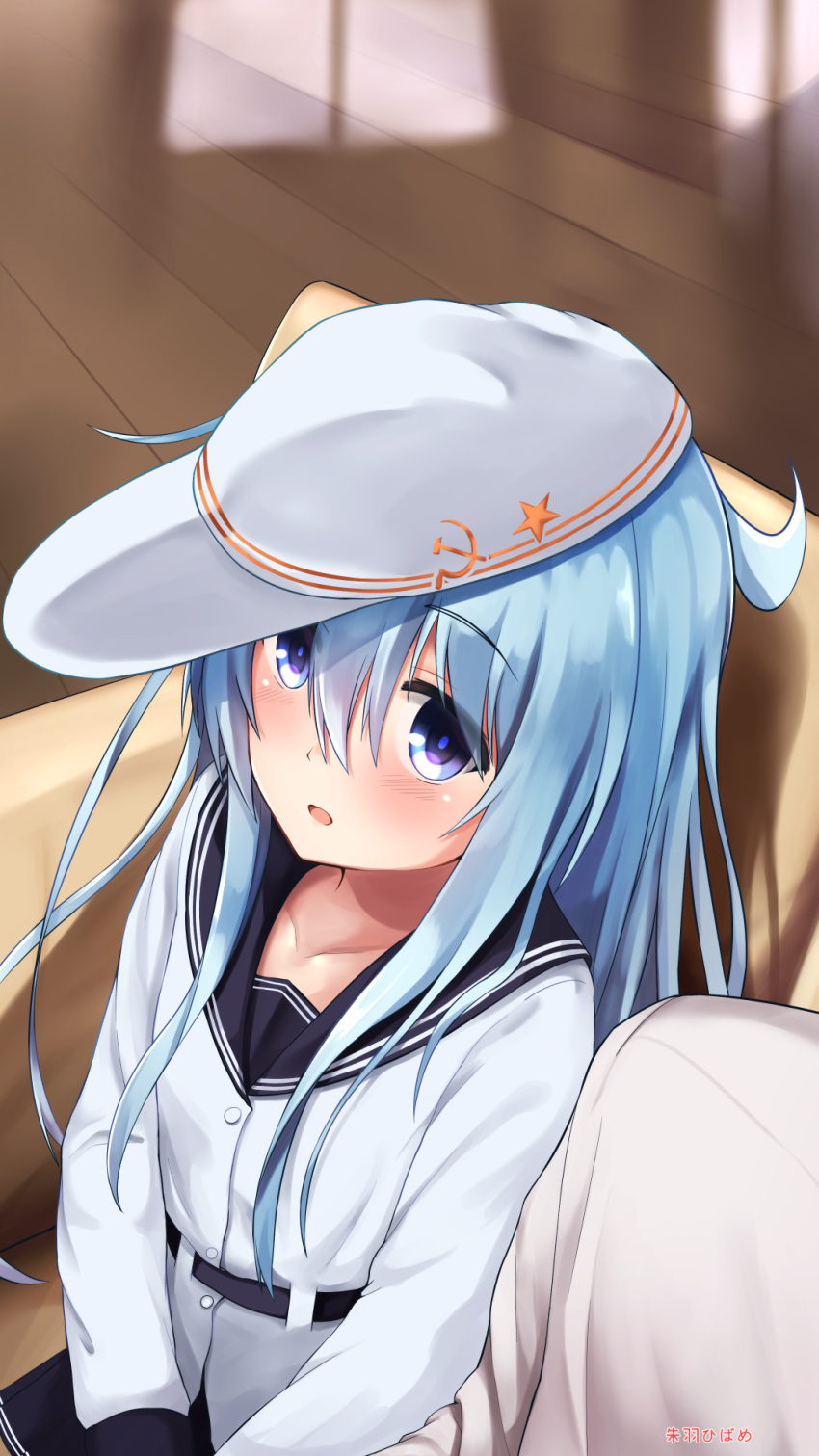 1boy 1girl admiral_(kantai_collection) akabane_hibame bangs blue_eyes blue_hair blush collarbone couch eyebrows_visible_through_hair flat_cap hair_between_eyes hammer_and_sickle hat hibiki_(kantai_collection) highres indoors kantai_collection long_hair on_couch parted_lips school_uniform serafuku side-by-side sitting smile solo_focus star verniy_(kantai_collection) wooden_floor