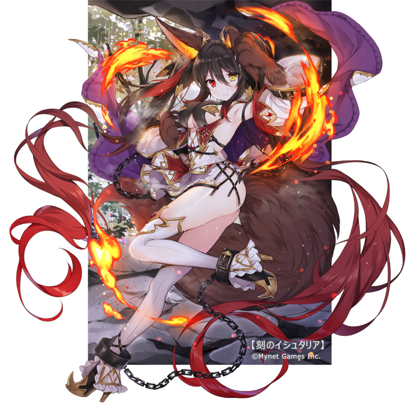 1girl absurdly_long_hair age_of_ishtaria animal_ears arm_up armpits bare_shoulders black_footwear black_hair breasts byulzzimon chain closed_mouth fire fox_ears fox_girl fox_tail frown gradient_hair heterochromia high_heels highres large_breasts leg_up long_hair looking_at_viewer miniskirt multicolored_hair paws red_eyes redhead skirt sleeveless smoke solo tail thigh-highs thighs twintails two-tone_hair underboob_cutout very_long_hair watermark white_legwear white_skirt yellow_eyes